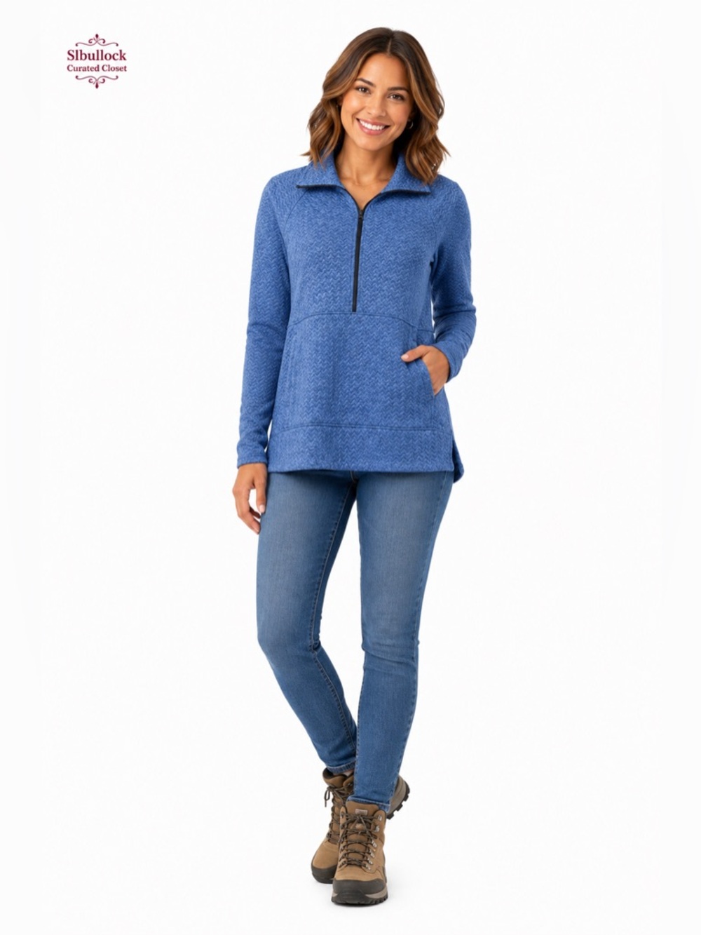 L4 L.L.Bean Size Small Petite Textured Quarter Zip Pullover Sweatshirt NWOT Blue